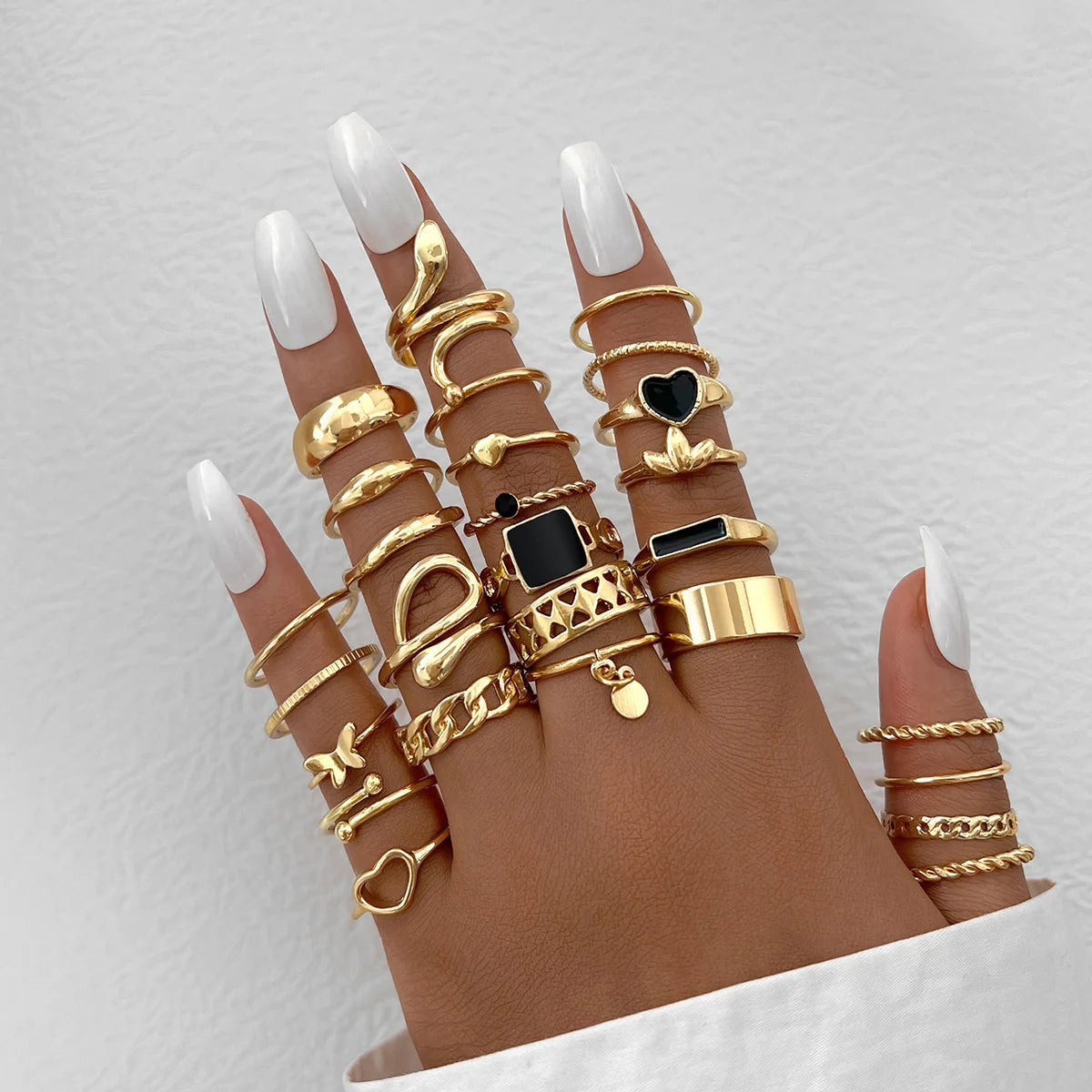 47Pcs/Set Vintage Gold Color Heart Rings Set For Women Men Hollow Butterfly Pearl Crystal Geometric Rings Trendy Finger Jewelry