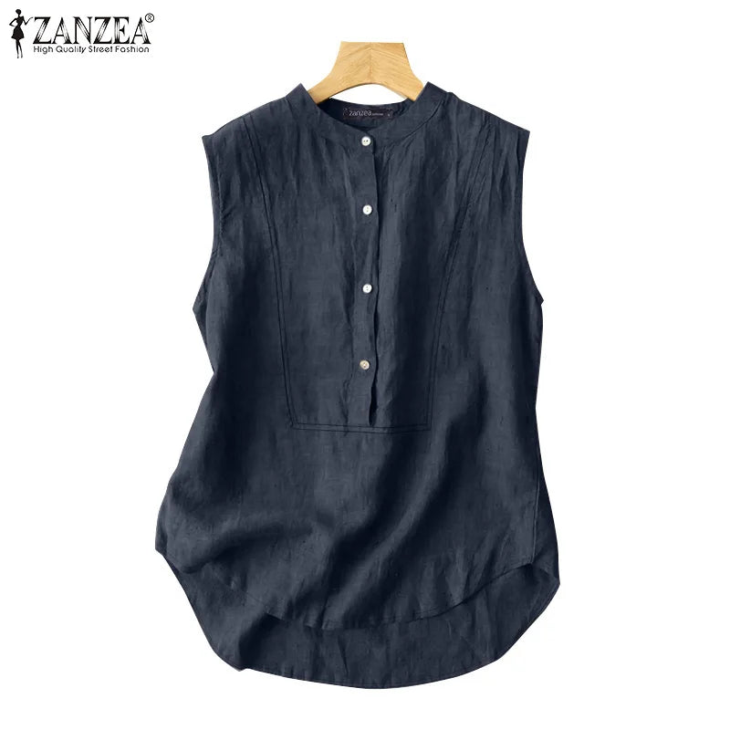Wanita Musim Panas Tanpa Lengan Blaus Padat Kemeja Elegan ZANZEA Fesyen Tank Top Wanita OL Bekerja Blusas Tunik Camis Vest Kasual 2024