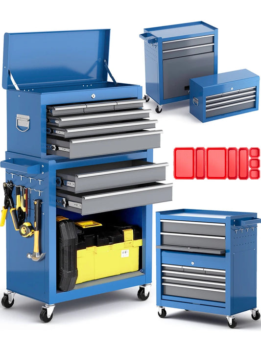 Peti Alat, Peti Alat Gulung 8 Laci dengan Roda, Kabinet Penyimpanan Alat Boleh Ceraikan dengan Set Pembahagi Dulang Penyusun Kotak Alat