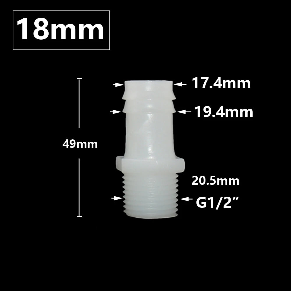 Plastic Pipe Fitting 4mm 6mm 8mm 10mm 12mm 14mm 16mm 18mm 20mm Hose Barb Connector 1/2" Male Thread Connector Coupler