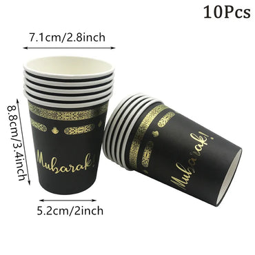 Black Gold EID Mubarak Disposable Paper Plates Cups Napkins For Home 2024 Muslim Islamic Party Ramadan Kareem Table Eid Supplies