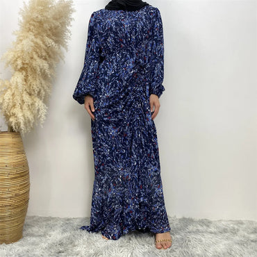 Muslim Women's dress Casual print bark crepe long dress Zipper collar long sleeves loose Muslim maxi dress
