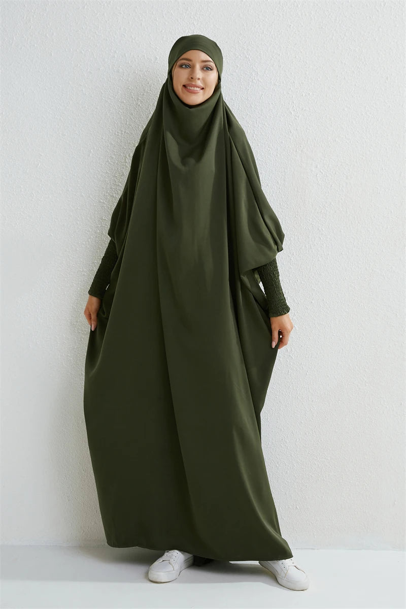Muslim Abaya Women Jilbab Hooded Smocking Sleeve One-piece Prayer Dress Islamic Clothing Dubai Saudi Black Robe Turkish Modesty