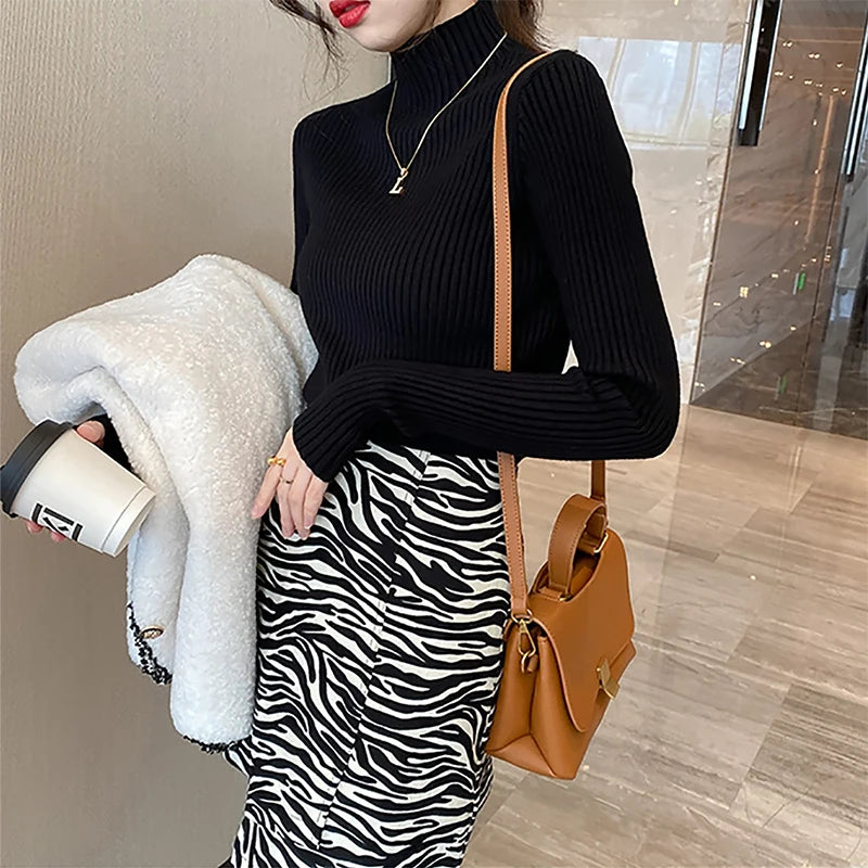 Atasan Rajutan Asas Pepejal Elegan Sweater Turtlneck Wanita Lengan Panjang Pullover Ramping Kasual Fesyen Korea Pakaian Bergaya Mudah