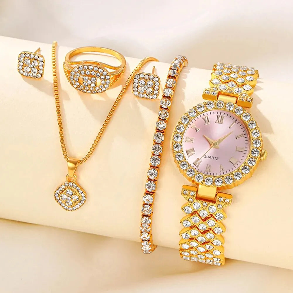 5pcs Women's Quartz Watch Set Stylish Casual WOMEN'S Quartz Watch Necklace Ring Earrings Watch Set