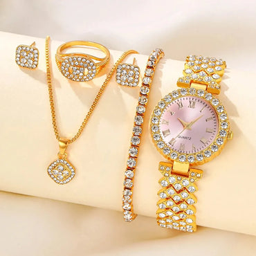 5pcs Women's Quartz Watch Set Stylish Casual WOMEN'S Quartz Watch Necklace Ring Earrings Watch Set