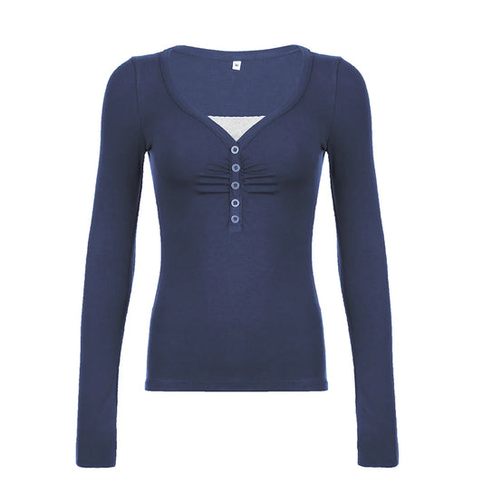 CIBBAR Patchwork Palsu Dua helai T-shirt Vintage Dijahit Butang Crop Top Wanita Y2k Lengan Penuh T Shirt 2000-an Estetik Musim Gugur