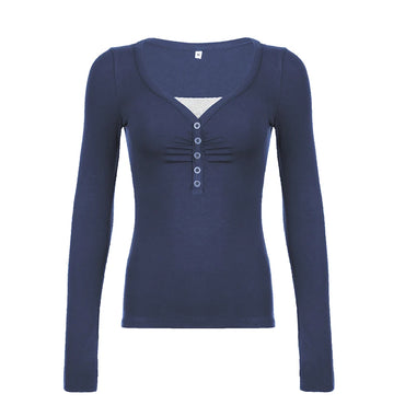 CIBBAR Patchwork Palsu Dua helai T-shirt Vintage Dijahit Butang Crop Top Wanita Y2k Lengan Penuh T Shirt 2000-an Estetik Musim Gugur