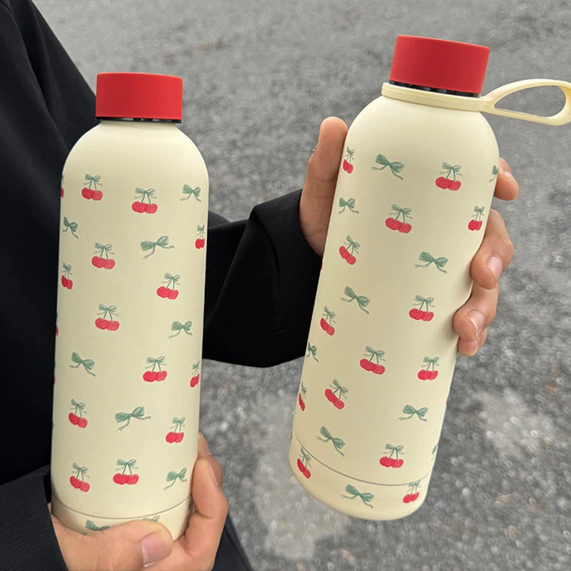 Kawaii Cherry Thermos Bottle With Handle Coffee Cup 500ml Stainless Steel Tumbler Cute Travel Gym Scool Water Bottle For Girl