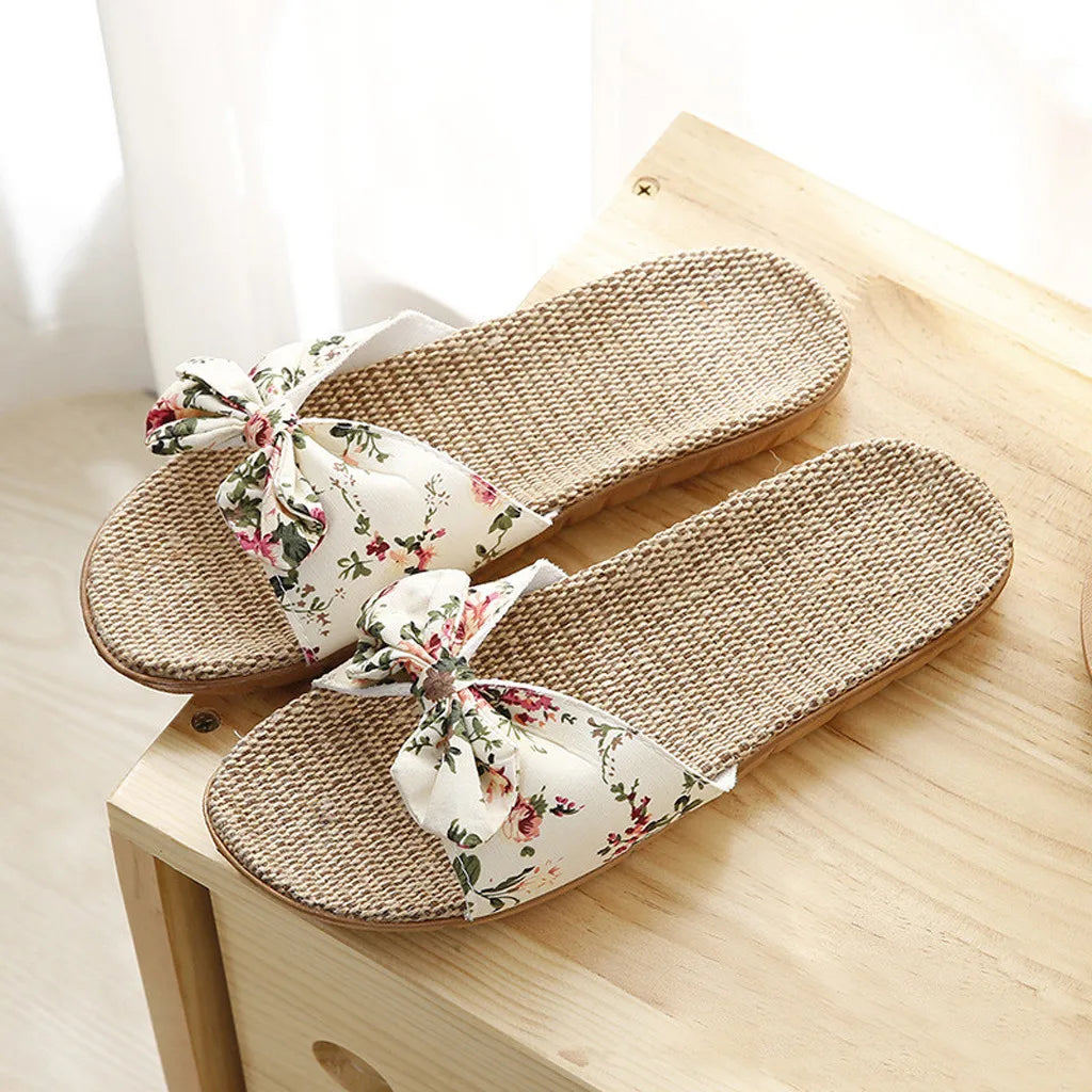 Women Summer Casual Slides Comfortable Flax Slippers Striped Bow Linen Flip Flops Platform Sandals Ladies Indoor Shoes