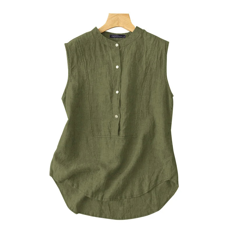 Wanita Musim Panas Tanpa Lengan Blaus Padat Kemeja Elegan ZANZEA Fesyen Tank Top Wanita OL Bekerja Blusas Tunik Camis Vest Kasual 2024