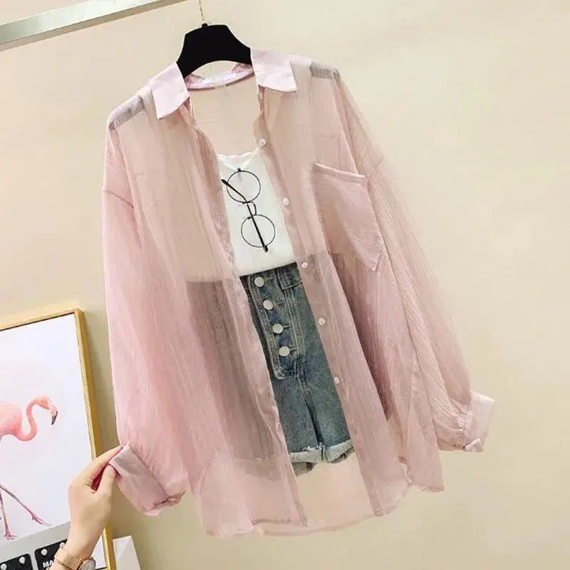 Baju Pelindung Matahari Musim Panas Perspektif Elegan Blaus Chiffon Nipis Harajuku Korea Atasan Longgar Cardigan Kasual Wanita