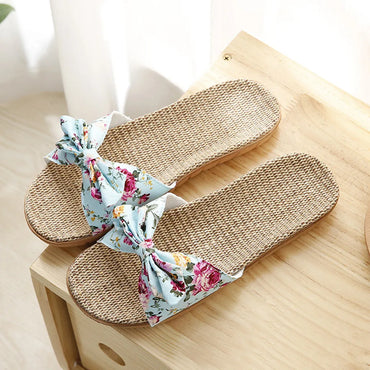 Women Summer Casual Slides Comfortable Flax Slippers Striped Bow Linen Flip Flops Platform Sandals Ladies Indoor Shoes