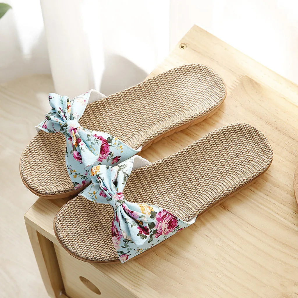 Women Summer Casual Slides Comfortable Flax Slippers Striped Bow Linen Flip Flops Platform Sandals Ladies Indoor Shoes