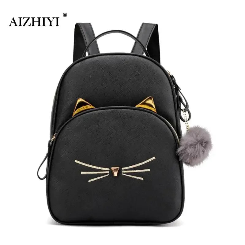 Ransel Perjalanan Ransel Wanita Remaja 2023 Beg Sekolah Pelajar untuk Gadis Kartun Kucing PU Kulit Beg Bahu Hitam Beg Bahu