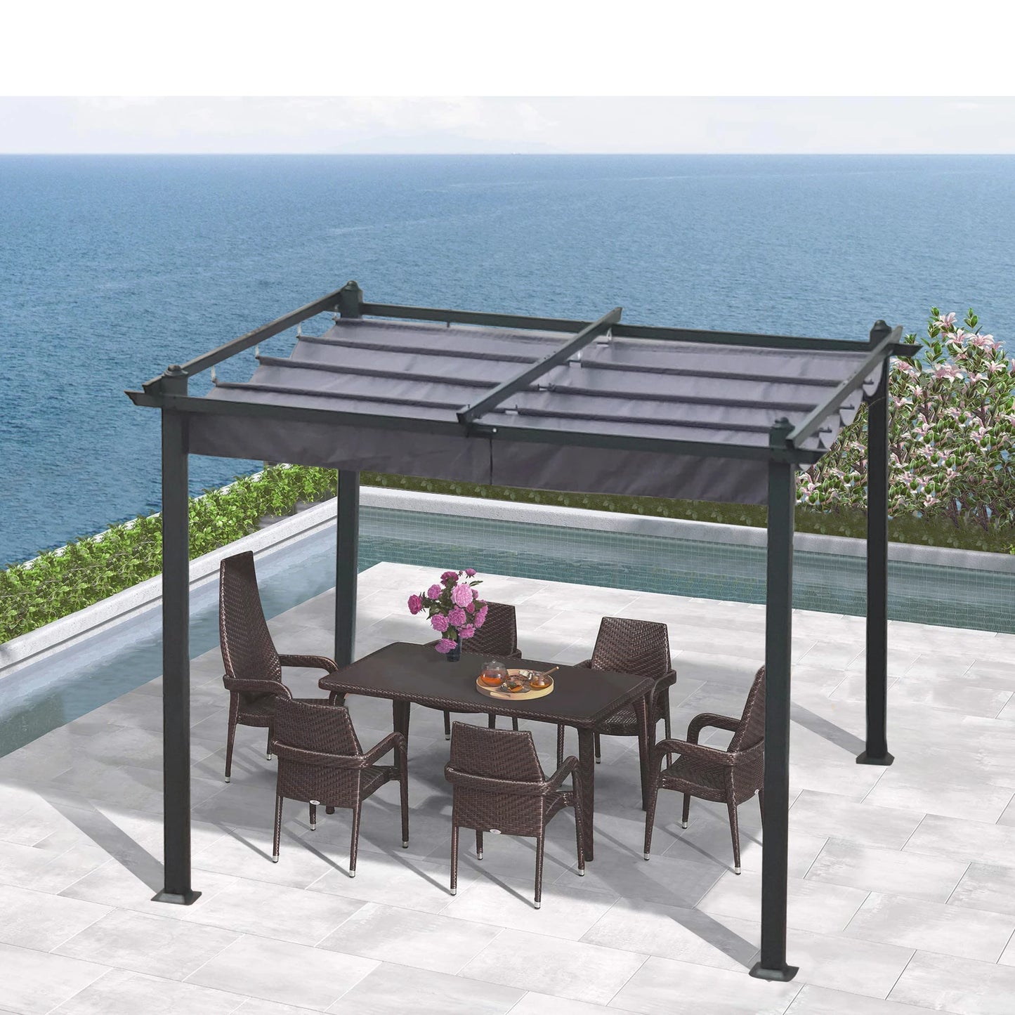 10x10 Kaki Teras Luaran Pergola Boleh Tarik Dengan Kanopi Tempat Perlindungan Matahari Pergola untuk Taman, Teres, Halaman Belakang, Kelabu