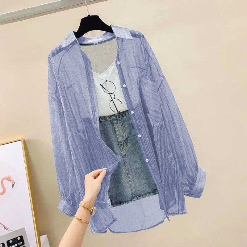 Baju Pelindung Matahari Musim Panas Perspektif Elegan Blaus Chiffon Nipis Harajuku Korea Atasan Longgar Cardigan Kasual Wanita