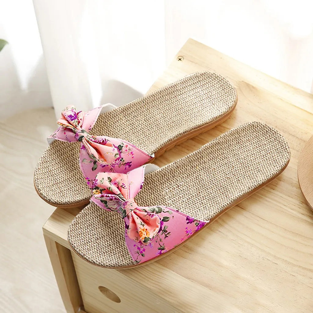 Women Summer Casual Slides Comfortable Flax Slippers Striped Bow Linen Flip Flops Platform Sandals Ladies Indoor Shoes