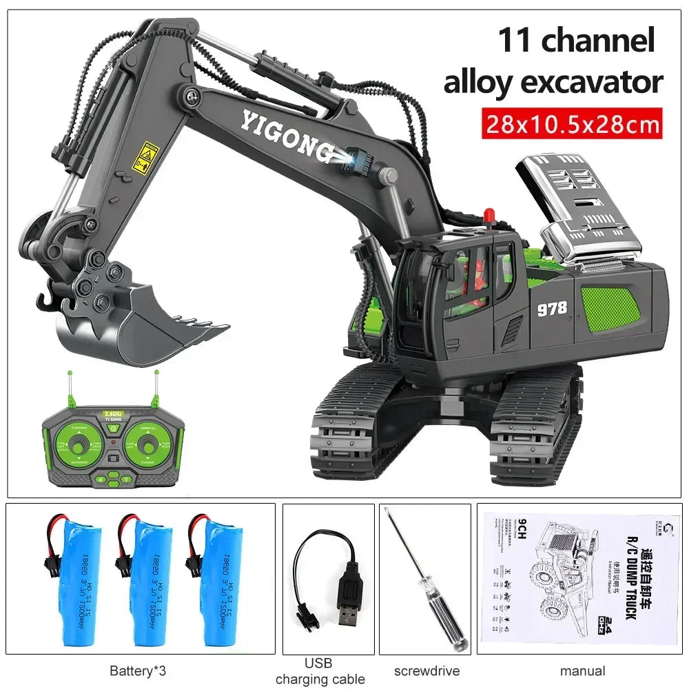 2.4G High Tech 11 Channels RC Excavator Dump Trucks Jentolak Aloi Kejuruteraan Plastik Kenderaan Mainan Elektronik Untuk Hadiah Lelaki