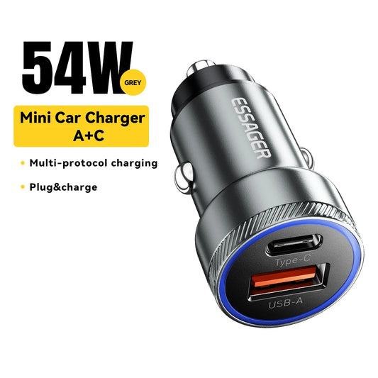 Essager 54W USB Pengecas Kereta 5A Fast Charing QC 3.0 PD 3.0 SCP AFC USB Type C Pengecas Telefon Kereta untuk iPhone Huawei Samsung Xiaomi