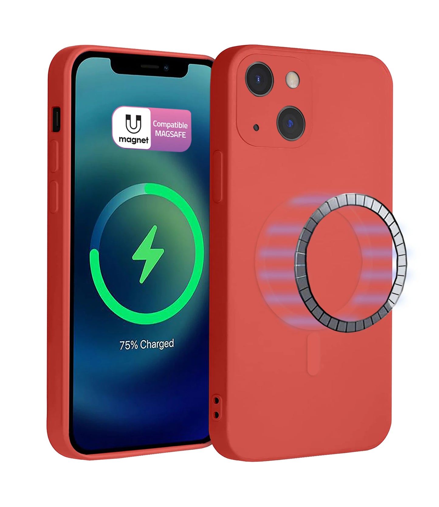 Magnetic Silicone Case for iPhone 13. Mobile phone protective case Compatible with Magsafe accessories and wireless charger for iPhone 13. Soft touch, anti-shock. Red Color.
