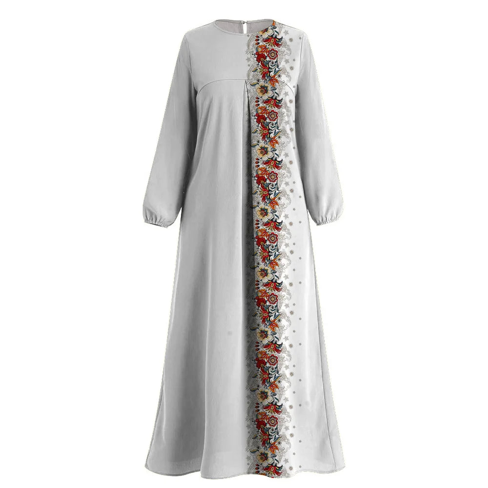 Muslim Islam Abaya Wanita Tiruan Cetak Renda Lengan Panjang O-neck Abaya Muslim Dress Femme Dubai Turki Kaftan Muslim Dress Jubah