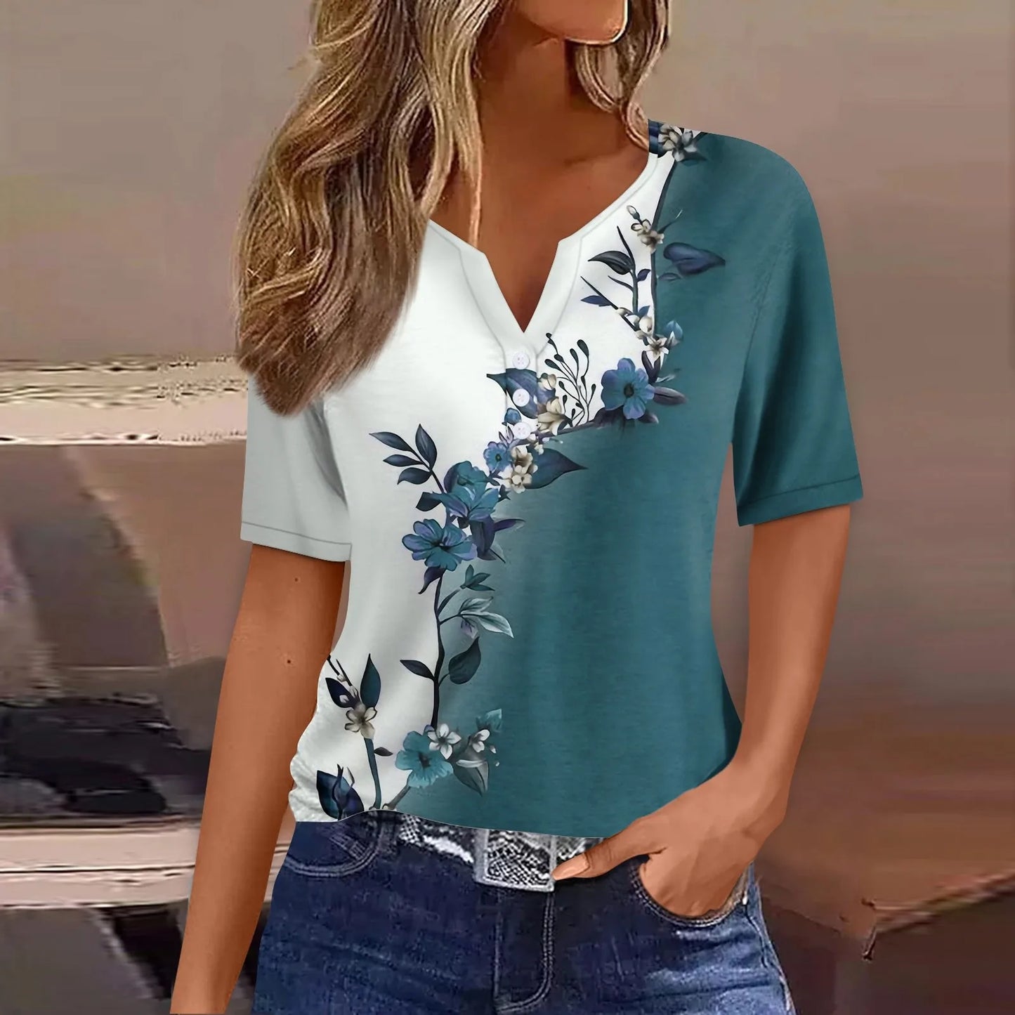 2024 Wanita Musim Panas Kasual T-shirt Fesyen Bercetak Harajuku Top Tees Streetwear Butang Asas Lengan Pendek V-Neck Tops Plus Saiz