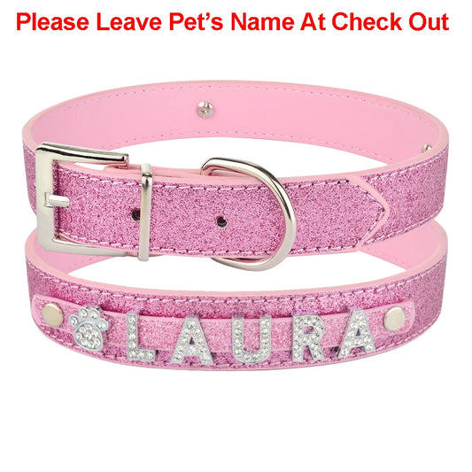 Personalized Dog Collar Leather Rhinestone Bling Charms Custom Pet Dogs Cat Name