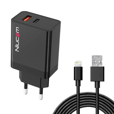 Niucom pengecas pengecas pantas iphone 12 11 36W palam usb dwi pengecas jenis c qualcomm + kabel kilat berjalin Pengecas QC