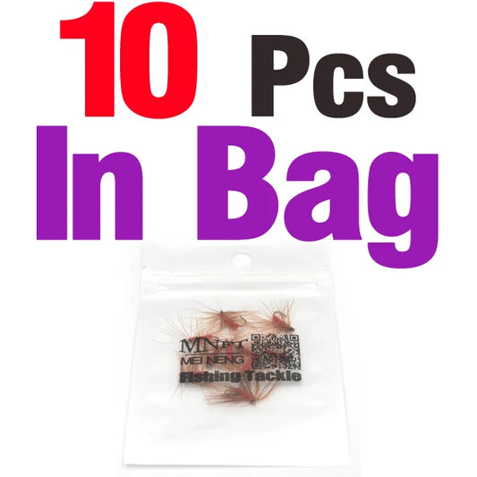 MNFT 10PCS Fly Fishing Trout Fish Dry Hook Red Body Brown feathers Bait 14# Artificial Fly Fishing Bait