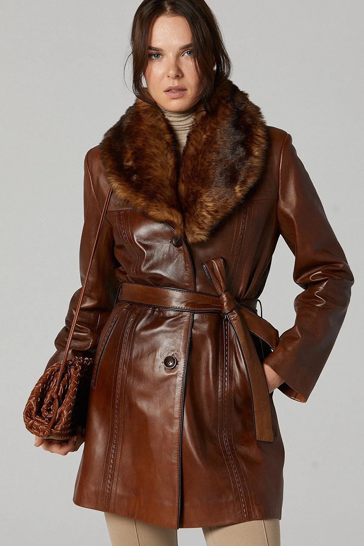 Women brown slim genuine sheepskin coat casual autumn and winter clothing free shipping Long Jacket