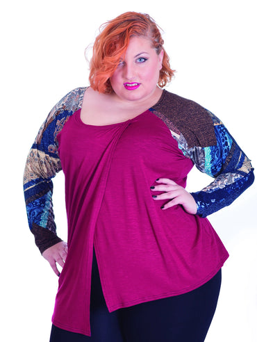 Elegant T-shirt, modern young woman's knit long-sleeved. Various colors in maroon or gray, made of very nice knit fabric. With patterned sleeves. Model designed for large sizes. Fashion Spanish.