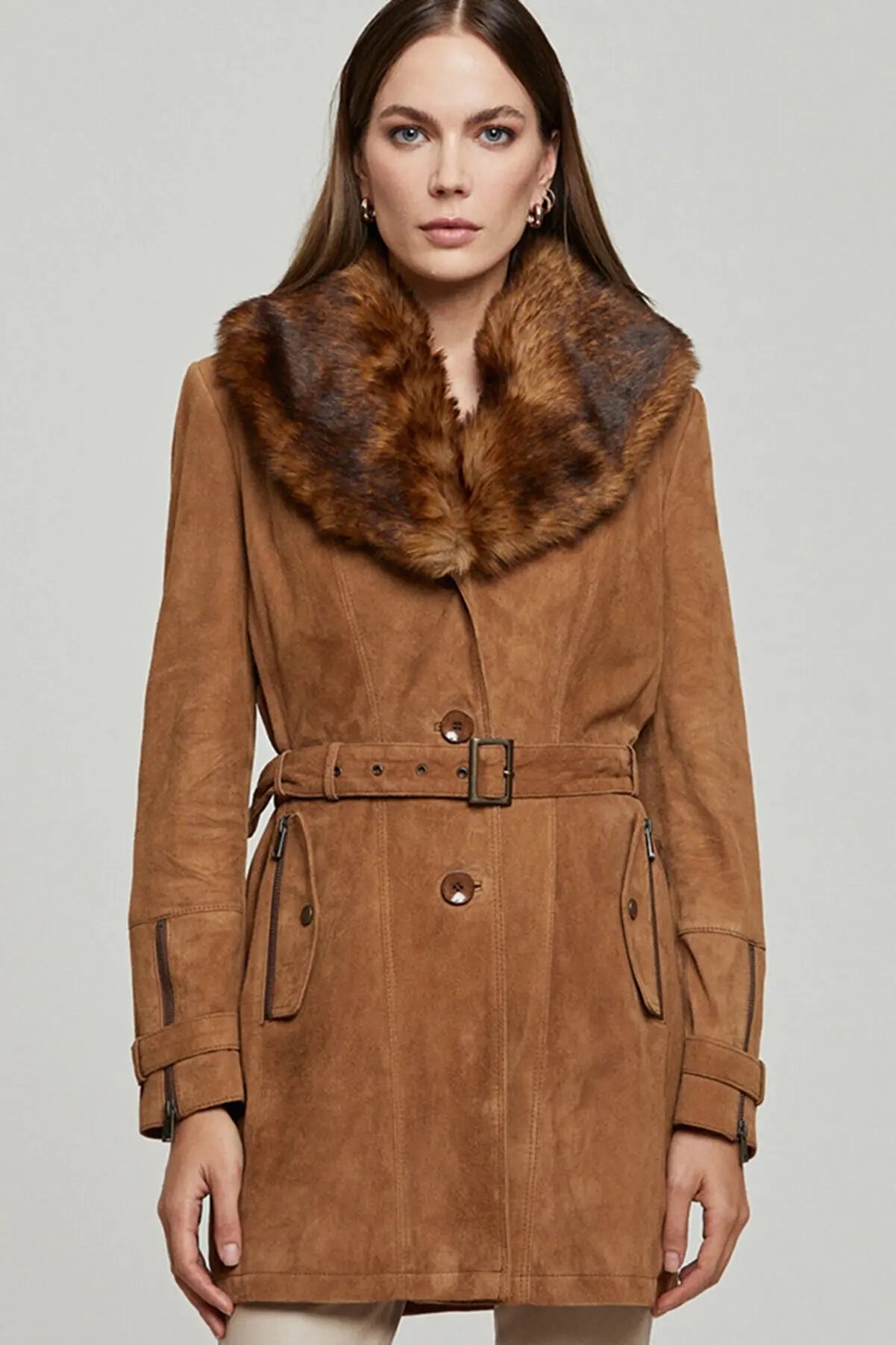 Women brown slim genuine sheepskin coat casual autumn and winter clothing free shipping Long Jacket