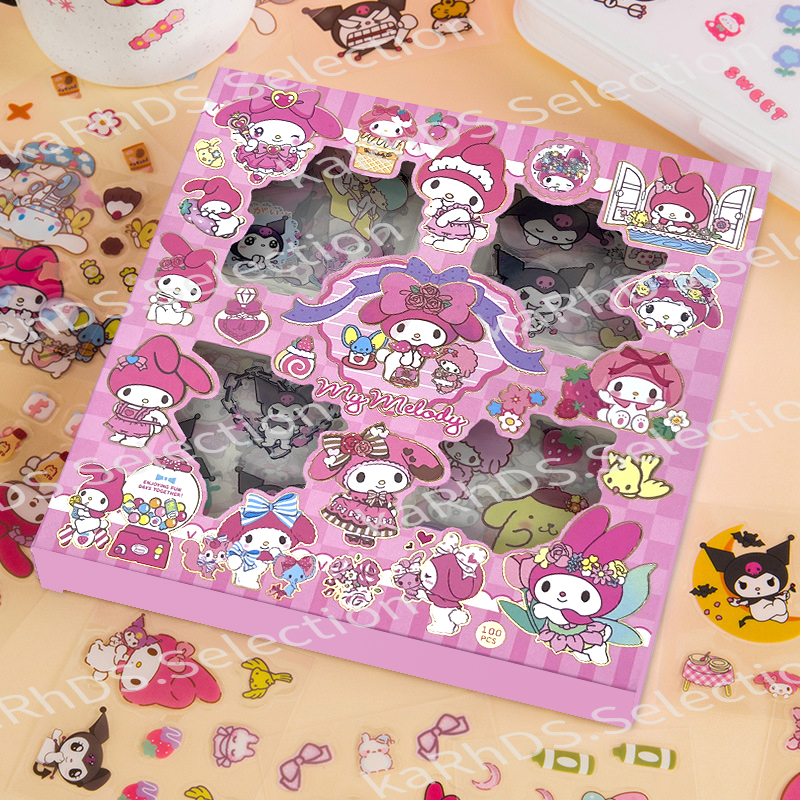 ?100Pcs?Sanrio Kuromi Sticker Birthday Gift Cute Set DIY Gift Box Cinnamoroll Melody Cartoon Stickers Box Waterproof Cute Sticker