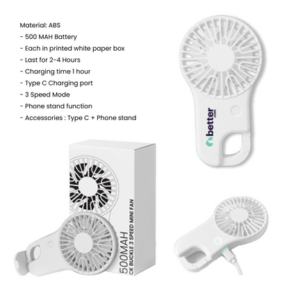 BUCKLE 3 Speed mini fan with Stand– 500mAh