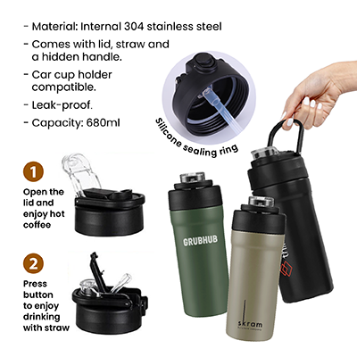 TIGO Stainless Steel Bottle with Straw Carry Handle - 680ml