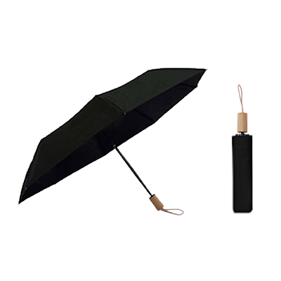 21'' 3 Fold Black Coated Umbrella with Wooden Handle