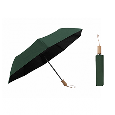 21'' 3 Fold Black Coated Umbrella with Wooden Handle