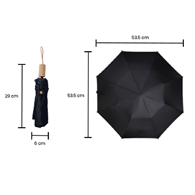 21'' 3 Fold Black Coated Umbrella with Wooden Handle