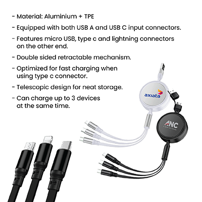UNICORD 3-in-2 Retractable USB Fast Charging Cable