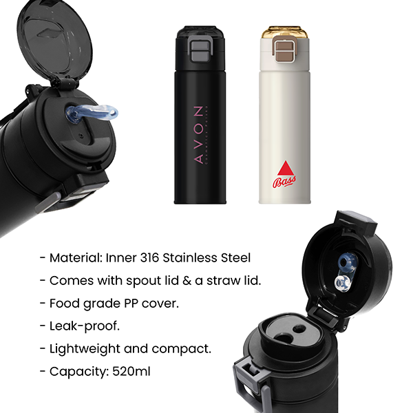 DUCK Dual Lid 316 S.Steel Bottle with Straw - 520ml