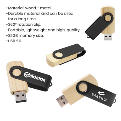 Metal Swivel Black Wooden USB Flash Drive – 32GB