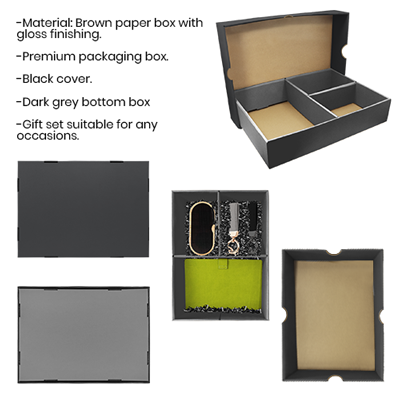 Black Gift Box 3 Compartment with Shredded Paper- M Size