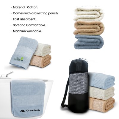 LUFY Full Cotton Bath Towel with Drawstring Pouch (1400x700) - 380g