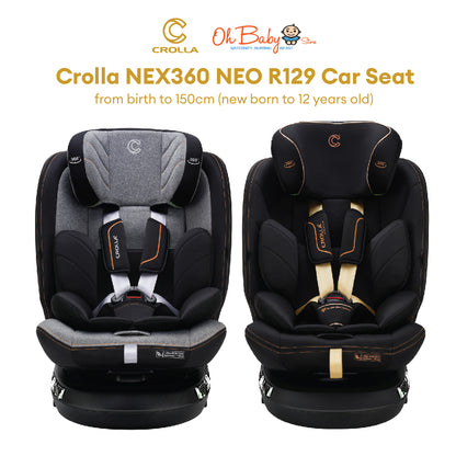 Crolla Nex360 R129 NEO Car Seat | 360° Rotation, R129 i-Size | Newborn hingga 12 Tahun | 3-Year Warranty