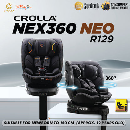 Crolla Nex360 R129 NEO Car Seat | 360° Rotation, R129 i-Size | Newborn hingga 12 Tahun | 3-Year Warranty