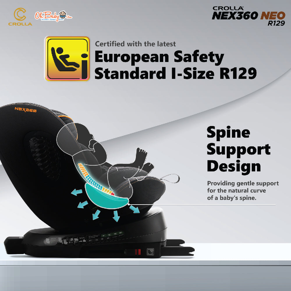 Crolla Nex360 R129 NEO Car Seat | 360° Rotation, R129 i-Size | Newborn hingga 12 Tahun | 3-Year Warranty