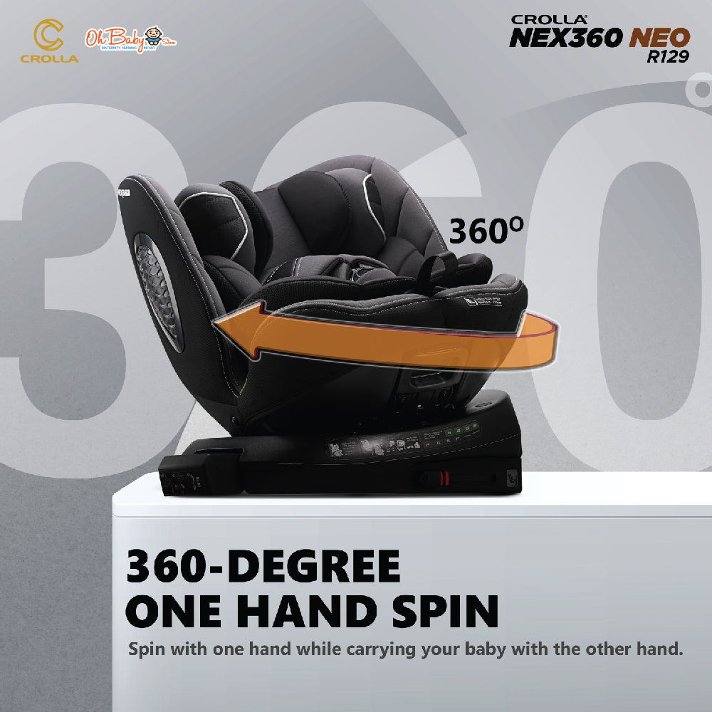 Crolla Nex360 R129 NEO Car Seat | 360° Rotation, R129 i-Size | Newborn hingga 12 Tahun | 3-Year Warranty