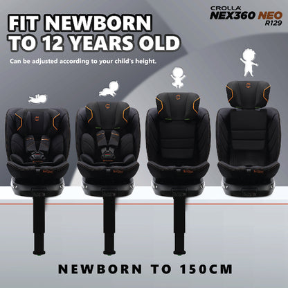 Crolla Nex360 R129 NEO Car Seat | 360° Rotation, R129 i-Size | Newborn hingga 12 Tahun | 3-Year Warranty