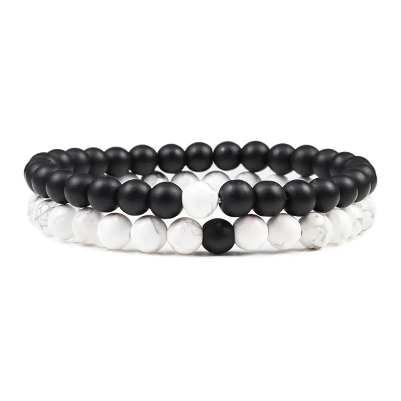 Set Gelang Pasangan Jarak Hitam Putih Batu Lava Asli Tiger Eye Gelang Yoga Manik untuk Lelaki Wanita Perhiasan Tali Elastik 